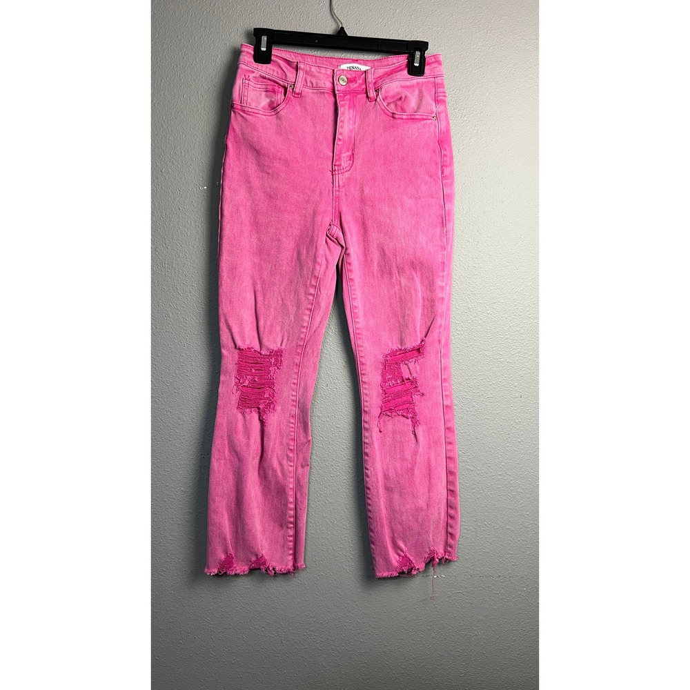 Zenana Hot Pink Distressed Grunge High Rise Straight Leg Jeans Raw Hem DSize 26